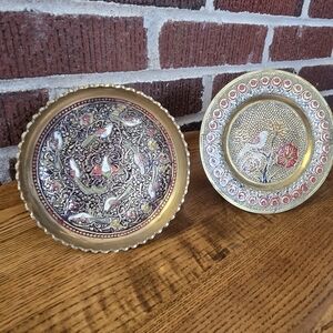 Elegant Vintage Brass Decorative Plates Peacocks